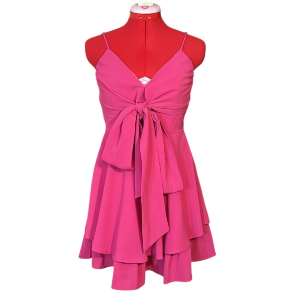 Better Be Vibrant Pink Tiered Ruffle Mini Dress with Front Bow Size Small